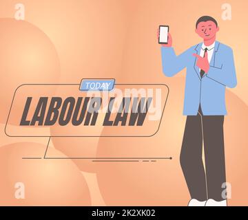 Schriftverkehr mit Text zum Arbeitsrecht. Vom Staat implementierte Regeln für das Internetkonzept zwischen Arbeitgebern und Mitarbeiter Bildschirm „man Holding“ des Mobiltelefons mit der futuristischen Technologie. Stockfoto