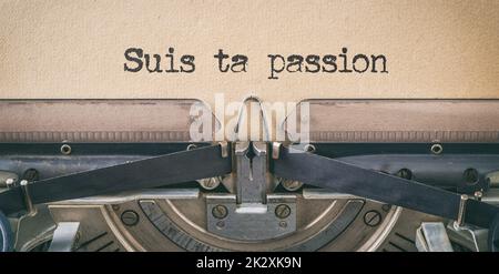 Text mit einer Vintage-Schreibmaschine geschrieben - Folgen Sie Ihrer Leidenschaft auf französisch - Suis ta Passion Stockfoto