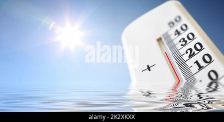 Thermometer mit celsius-Skala, die eine extrem hohe Temperatur anzeigt. Stockfoto