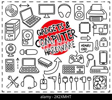 Doodle-Computer-Hardware-Symbole Stockfoto