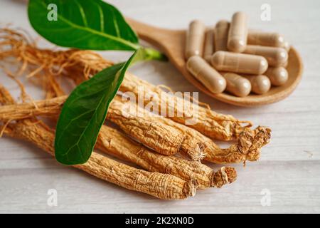 Ginseng Wurzeln und grünes Blatt, gesunde Ernährung. Stockfoto