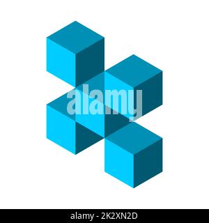 5 isometrische Würfel bilden eine geometrische Form von 3D. Blaue Kästchen bilden den Buchstaben X. Abstraktes Polygon-Objekt. Puzzle Spielsteine bilden eine Einheit. Typografie-Symbol Stock Vektor
