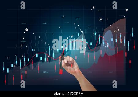 Holographisches Diagramm mit steigenden Zinsen und Indikatoren. Geschäftswachstumskonzept, hohe Profitabilität, erfolgreiche Gründung. Stockfoto