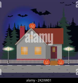 Halloween. Festliche Nacht in einem ländlichen Haus. Vektorgrafik. Stock Vektor