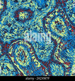 Psychedelisch verzerrte Wasserwellen binden blau rot und gelb abstrakter Hintergrund Stockfoto