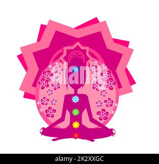 Yoga-Frauen-Silhouette in Lotus-Pose. Padmasana mit farbigen Chakra-Punkte. Stockfoto