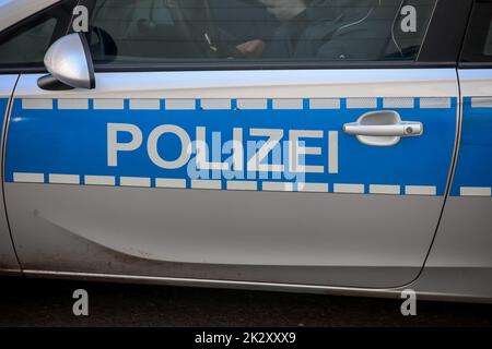 Eine detaillierte Ansicht eines Polizeiwagens, eines Polizeiwagens. Stockfoto