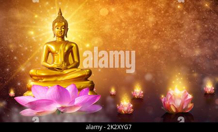 Buddha Statue Wasser lotus Buddha auf Lotus Flower auf orangefarbenem Hintergrund Stockfoto