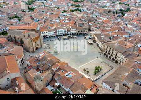 Blick auf die Plaza Mayor in Trujillo, Caceres, Extremadura in Spanien. Stockfoto