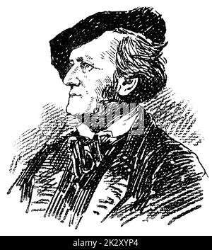 Porträt von Richard Wagner - ein deutscher Komponist, Theaterdirektor, Polemiker und Dirigent. Illustration des 19. Jahrhunderts. Weißer Hintergrund. Stockfoto