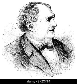 Portrait von Phineas Taylor Barnum - ein amerikanischer Showman, Politiker und Geschäftsmann, Gründer des Barnum & Bailey Circus. Illustration des 19. Jahrhunderts. Weißer Hintergrund. Stockfoto