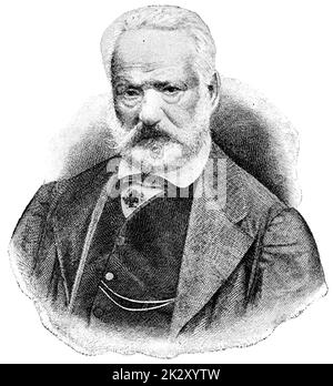 Porträt von Victor Hugo - ein französischer Dichter, Schriftsteller und Dramatiker der romantischen Bewegung. Illustration des 19. Jahrhunderts. Weißer Hintergrund. Stockfoto