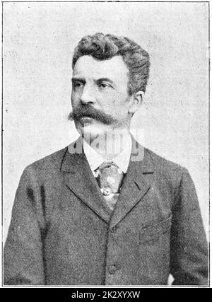 Porträt von Henri Rene Albert Guy de Maupassant (Guy de Maupassant) - ein französischer Autor. Illustration des 19. Jahrhunderts. Weißer Hintergrund. Stockfoto