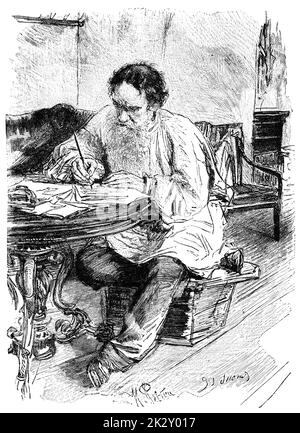 Porträt des Grafen Lew (Leo) Nikolajewitsch Tolstoi - ein russischer Schriftsteller, der als einer der größten Autoren aller Zeiten gilt. Illustration des 19. Jahrhunderts. Weißer Hintergrund. Stockfoto