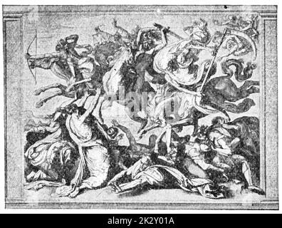 Vier Reiter der Apokalypse ist ein Gemälde des deutschen Künstlers Peter von Cornelius. Illustration des 19. Jahrhunderts. Weißer Hintergrund. Stockfoto