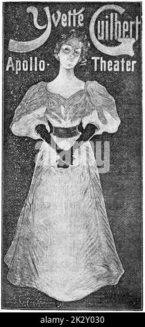 Werbeplakat von Yvette Guilbert, von einem deutschen Maler Max Schlichting. Illustration des 19. Jahrhunderts. Deutschland. Weißer Hintergrund. Stockfoto