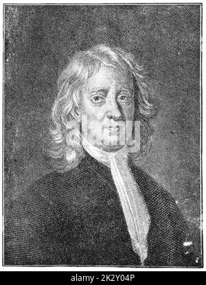 Porträt von Sir Isaac Newton - ein englischer Mathematiker, Physiker, Astronom, Theologe. Illustration des 19. Jahrhunderts. Deutschland. Weißer Hintergrund. Stockfoto