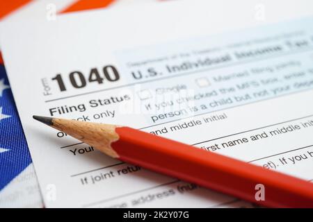 Steuerformular 1040 US-Einkommensteuererklärung, Geschäftsfinanzierungskonzept. Stockfoto