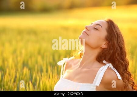 Entspannte Frau, die bei Sonnenuntergang auf einem Feld frische Luft atmet Stockfoto