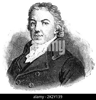 Porträt von Edward Jenner - ein englischer Arzt und Wissenschaftler. Illustration des 19. Jahrhunderts. Deutschland. Weißer Hintergrund. Stockfoto