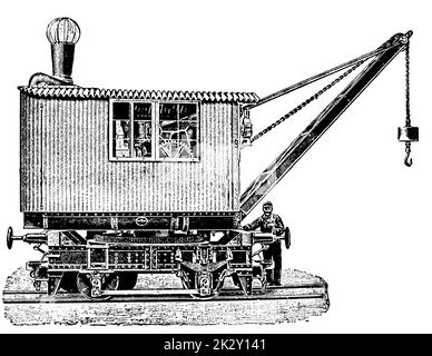 Dampfkran. Illustration des 19. Jahrhunderts. Deutschland. Weißer Hintergrund. Stockfoto