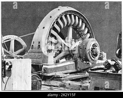 Dreiphasige elektrische Maschine. Illustration des 19. Jahrhunderts. Deutschland. Weißer Hintergrund. Stockfoto