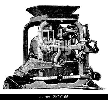 Industrielle Getreidereinigungsmaschine mit Vorrichtung zur Messung der Parameter des Endprodukts. Illustration des 19. Jahrhunderts. Deutschland. Weißer Hintergrund. Stockfoto