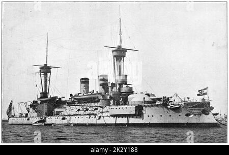 SMS Weissenburg - das erste Seeschiff der Kaiserlichen Deutschen Marine. Illustration des 19. Jahrhunderts. Deutschland. Weißer Hintergrund. Stockfoto