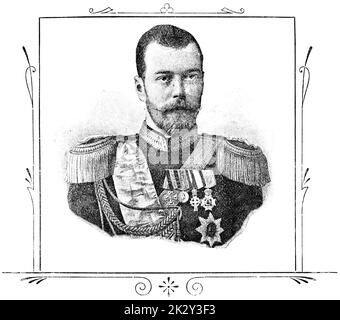 Porträt von Nikolaus II. Von Russland - der letzte Kaiser von ganz Russland. Illustration des 19. Jahrhunderts. Deutschland. Weißer Hintergrund. Stockfoto