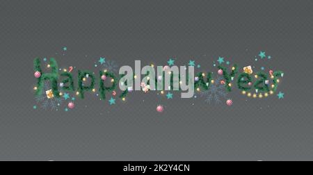 Gratulation Frohes Neues Jahr, stilvolles Design aus Tannenzweigen mit Feiertagsdekorationen - Vektor-Illustration Stock Vektor