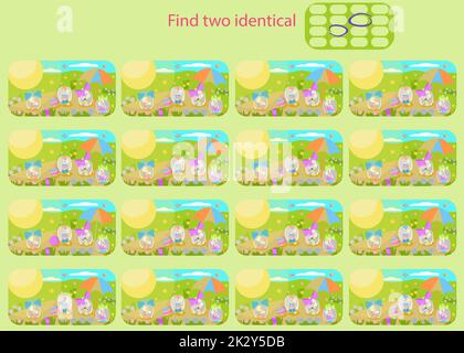 In dem Lustige Kaninchen auf dem Gras Puzzle für Kinder bis 8 Jahre finden Sie 2 identische Bilder Stock Vektor