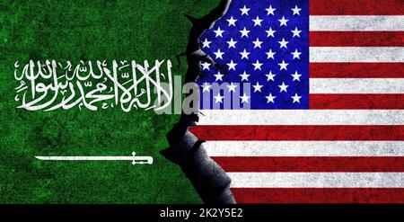 Die Flaggen der USA und Saudi-Arabiens zusammen. Beziehungen zwischen Saudi-Arabien und den Vereinigten Staaten von Amerika. USA gegen Saudi-Arabien Stockfoto