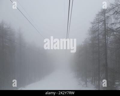 Die aufgehängten Seile der Seilbahn mitten im Wald an einem nebligen Tag Stockfoto