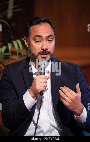 Joaquin Castro USA, 23.. September 2022. Repräsentant, D-San Antonio Castro, der beim Texas Tribune Festival spricht, dient seiner fünften Amtszeit als Repräsentant des Kongressbezirks 20, der einen großen Teil von San Antonio umfasst, im US-Repräsentantenhaus. Zentrale Presbyterianische Kirche in Austin, Texas. Mario Cantu/CSM/Alamy Live News Stockfoto