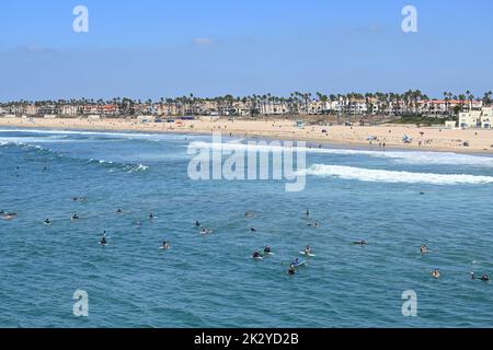 HUNTINGTON BEACH, KALIFORNIEN, 19. SEPTEMBER 2022: Eine große Gruppe von Surfern auf ihren Brettern vor dem Pier in Huntington Beach während des International Surfing Stockfoto