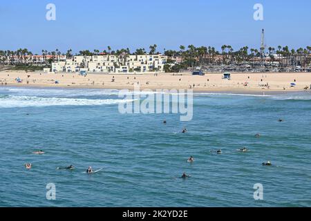 HUNTINGTON BEACH, KALIFORNIEN, 19. SEPTEMBER 2022: Eine große Gruppe von Surfern auf ihren Brettern vor dem Pier in Huntington Beach während des International Surfing Stockfoto