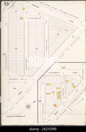 Kartografisch, Karten. 1884 - 1936. Lionel Pincus und Princess Firyal Map Division. Feuerversicherung , New York (Staat), Immobilien , New York (Staat), Städte & Orte , New York (Staat) Brooklyn V. 12, Plate No. 55 Karte begrenzt durch Church Lane, West St., 37. St. Stockfoto