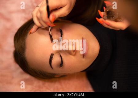 Kosmetikerin, die Färben auf die Augenbraue des weiblichen Kunden anwendet Stockfoto