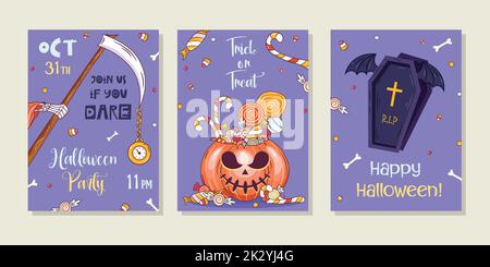 Vektorset mit Halloween-Party-Einladungen oder Grußkarten. Stock Vektor