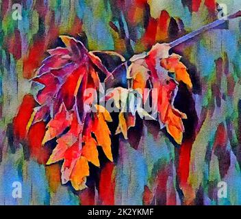 Farbenfrohe Herbstmahornblätter sind in einem Nahaufnahme-Bild zu sehen, das ein digitales Aquarell ist. Stockfoto