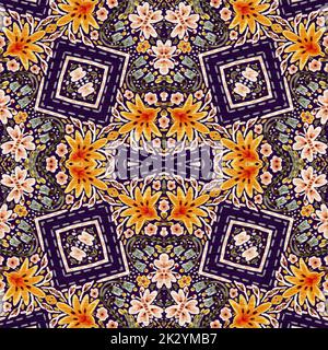 Rustikale provence Blumenmuster Hintergrund. Boho skurrile französische Farbmuster für wiederholte Kacheln. Country Cottage Vintage-Steppdruck. Stockfoto