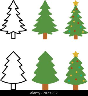 Vektorgrafik eines Sets mit zwei verschiedenen Weihnachtsbäumen geschmückt und undekoriert und umrissen Stock Vektor