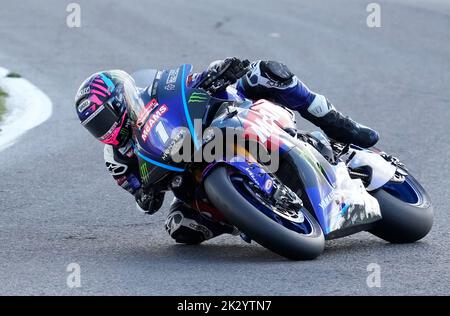 Chester, Großbritannien. 23 Sep 2022 Tarran Mackenzie (McAMS Yamaha) während der Bennetts British Superbikes Runde 9 (Praxis) im Oulton Park Chester England am 23 2022. September in Aktion gesehen GS.Media / Alamy Live News Stockfoto