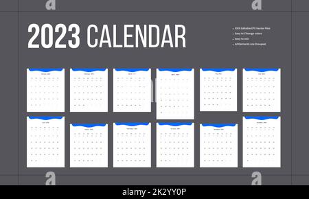 Kalenderdesign 2023, Januar bis Dezember Corporate Calendar Design Planner Template. Vektordarstellung eines 12-Monats-Kalenders Stock Vektor