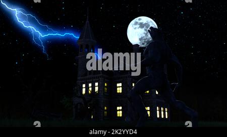 Illustration eines Werwolf während des Vollmondes in der Nähe eines Hauses im gruseligen Wald - 3d-Rendering Stockfoto