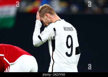 Leipzig, Deutschland. 23. September 2022. Fußball: Nations League A, Deutschland - Ungarn, Gruppenphase, Gruppe 3, Matchday 5, Der deutsche Timo Werner reagiert auf die Red Bull Arena. Quelle: Tom Weller/dpa/Alamy Live News Stockfoto