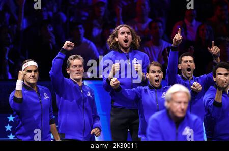 Team Europe reagiert am ersten Tag des Laver Cup in der O2 Arena, London. Bilddatum: Freitag, 23. September 2022. Stockfoto