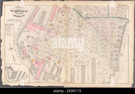 Kartografisch, Karten. 1880. Lionel Pincus und Prinzessin Firyal Map Division. Brooklyn (New York, N.Y.), Immobilien , New York (Bundesstaat) , New York Plate 16: Begrenzt durch Bowne Street, Columbia Street, Woodhull Street, Henry Street, zweiter Platz, Smith Street, Elizabeth Street, Hoyt Street, Fourth Place, First Avenue, (New York Bay) Ferris Street, William Street und Conover Street. Platte 16: Teil der Stationen 6 & 12. Die Stadt Brooklyn. Stockfoto