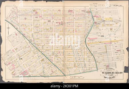 Kartografisch, Karten. 1880. Lionel Pincus und Prinzessin Firyal Map Division. Brooklyn (New York, N.Y.), Immobilien , New York (Bundesstaat) , New York Plate 28: Begrenzt durch S. Scholes Street, Bogart Street, Cook Street, Evergreen Street, Flushing Avenue, Marcy Avenue, Middleton Street, Harrison Avenue, Heyward Street, Broadway, 12. Street und S. 3. Street. Platte 28: Teil der Stationen 16, 18 und 19. Die Stadt Brooklyn. Stockfoto