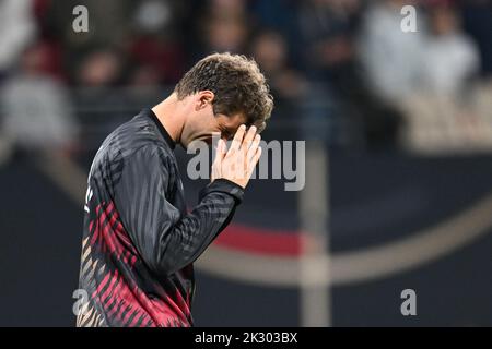 Leipzig, Deutschland. 23. September 2022. Fußball: Nations League A, Deutschland - Ungarn, Gruppenphase, Gruppe 3, Matchday 5, Die Red Bull Arena, der deutsche Thomas Müller, reagiert nach dem Spiel. Quelle: Federico Gambarini/dpa/Alamy Live News Stockfoto